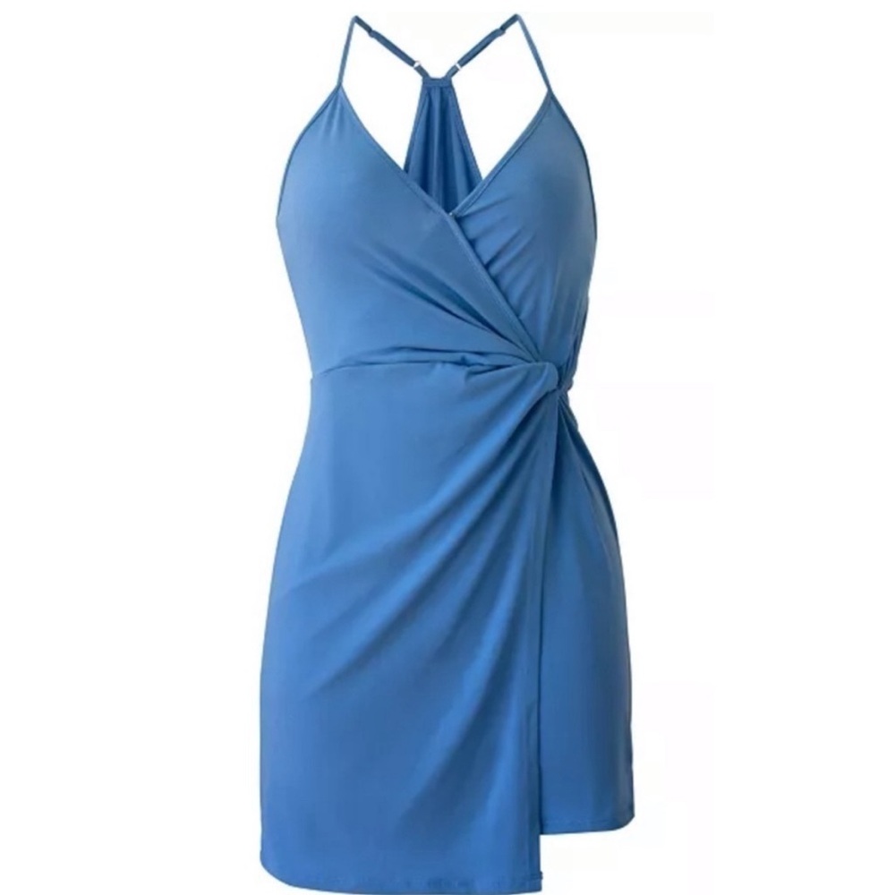 Baby Blue faux wrap dress BCBGeneration adjustable straps V neck racerback